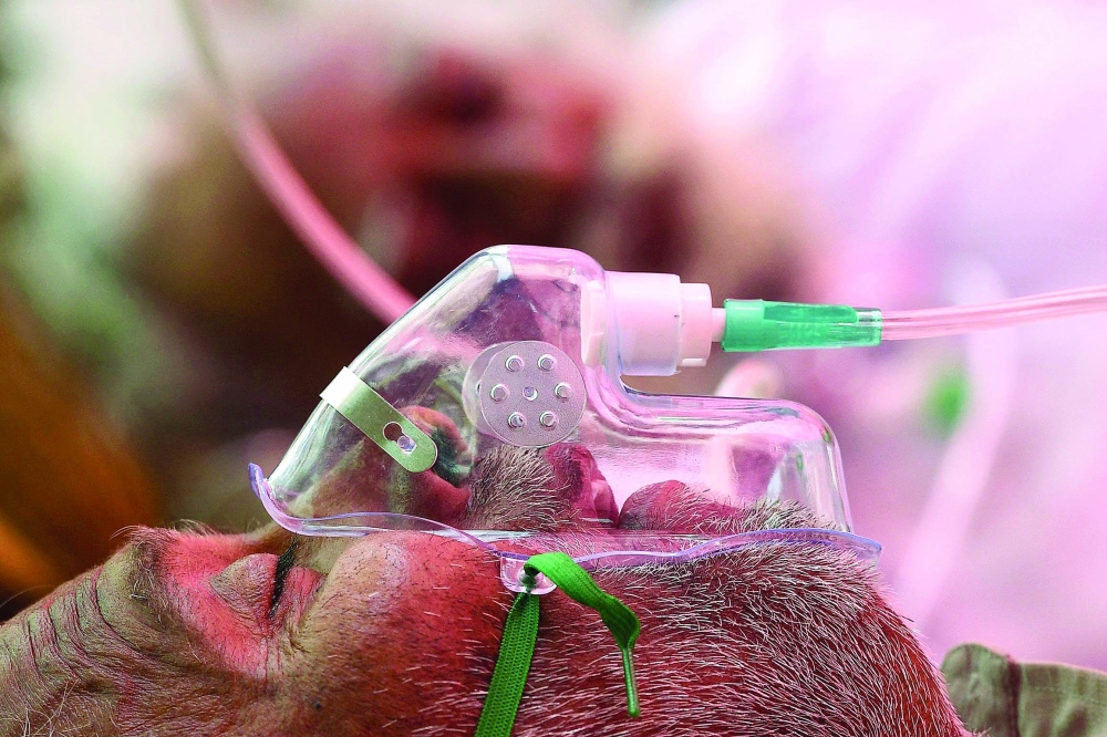 مريض يعاني من صعوبة في التنفس نتيجة اصابته بفيروس كورونا ويتنفس بمساعدة الأكسجين في غازي آباد امس. أ.ف.ب 