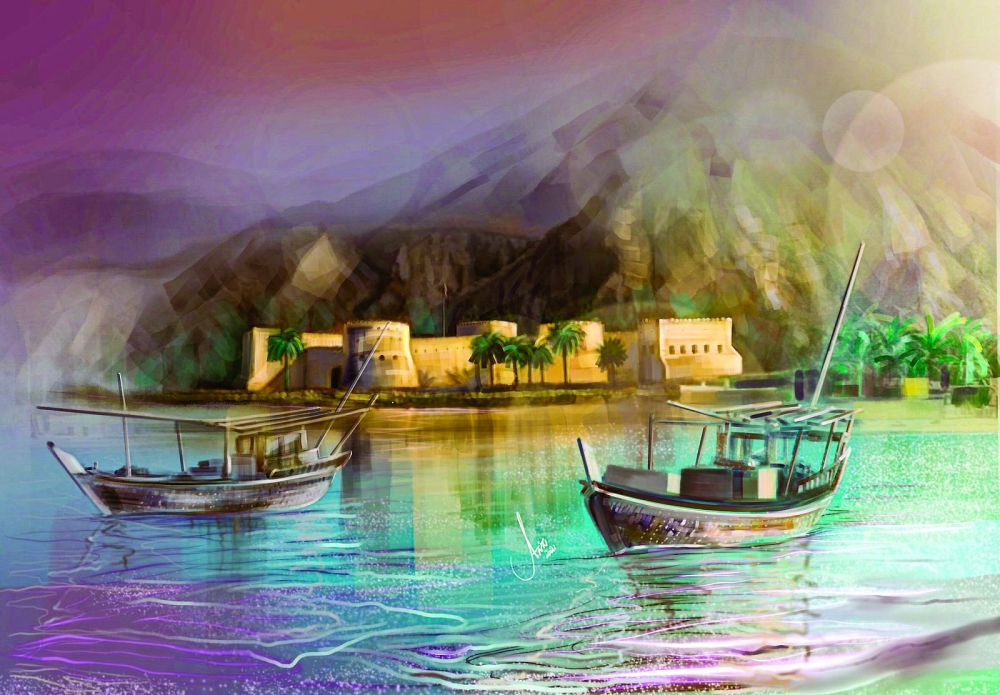 لوحة للفنان عبدالعزيز الشحي تجسد حصن خصب وارتباط الولاية بالنشاط البحري