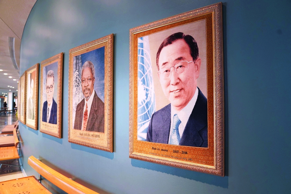 لوحات تمثل الأمناء العامين السابقين للأمم المتحدة ضمن الأعمال الفنية في الأمم المتحدة  في نيويورك.أ.ف.ب