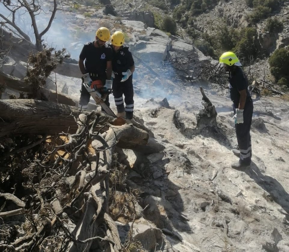 جانب من تعامل فرق الإطفاء مع الحريق بجبل شمس