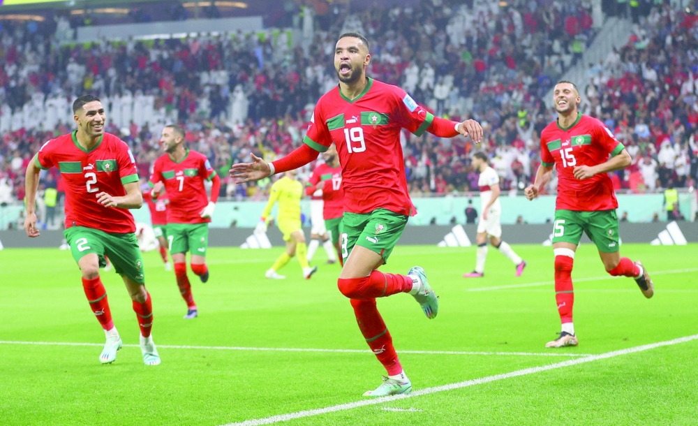 فرحة يوسف النصيري بتسجيل الهدف الوحيد للمنتخب المغربي في شباك البرتغال